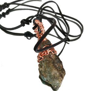 Genuine Untreated Natural Emerald Gemstone Pure Copper Leather Necklace Pendant